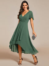 ever LARK|Ruffles Sleeve Pleated V-Neck A-Line Midi Chiffon Wedding Guest Dress