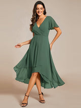 ever LARK|Ruffles Sleeve Pleated V-Neck A-Line Midi Chiffon Wedding Guest Dress