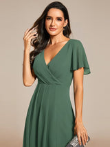 ever LARK|Ruffles Sleeve Pleated V-Neck A-Line Midi Chiffon Wedding Guest Dress