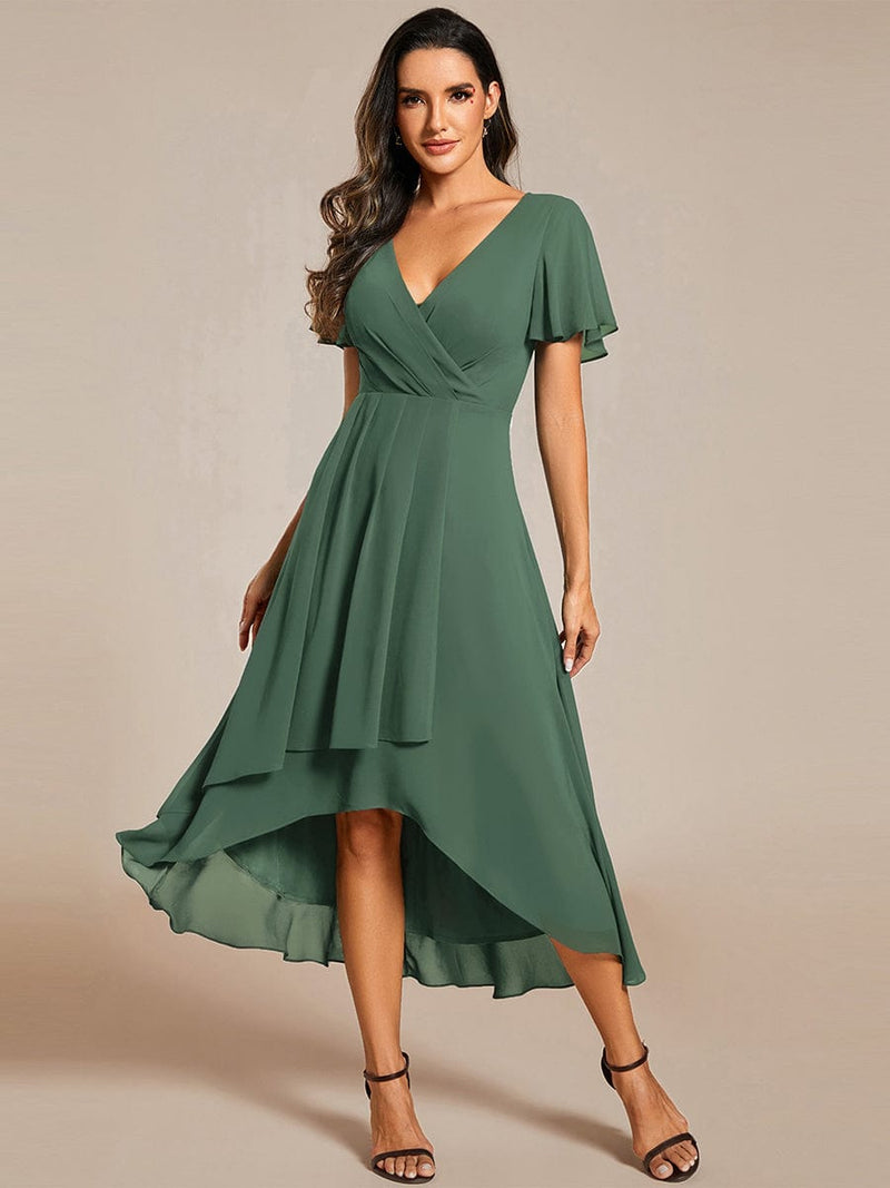 ever LARK|Ruffles Sleeve Pleated V-Neck A-Line Midi Chiffon Wedding Guest Dress