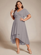 ever LARK|Ruffles Sleeve Pleated V-Neck A-Line Midi Chiffon Wedding Guest Dress