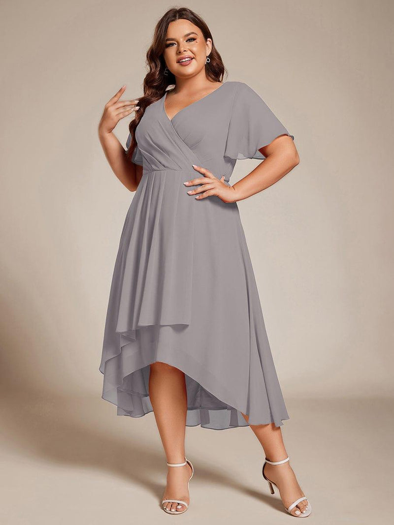 ever LARK|Ruffles Sleeve Pleated V-Neck A-Line Midi Chiffon Wedding Guest Dress