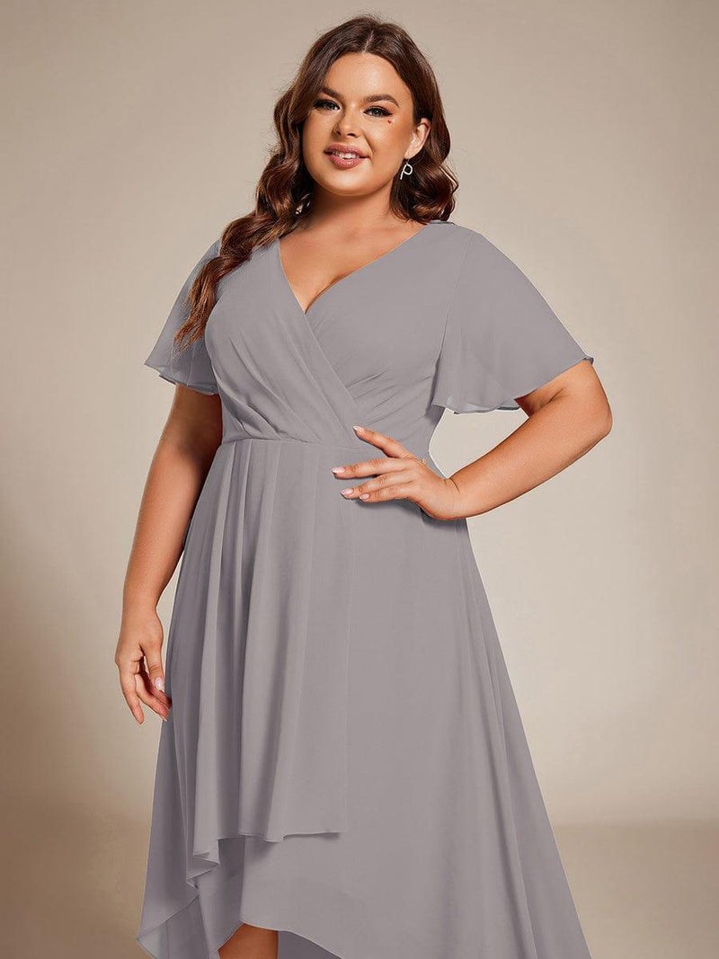 ever LARK|Ruffles Sleeve Pleated V-Neck A-Line Midi Chiffon Wedding Guest Dress