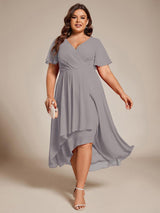 ever LARK|Ruffles Sleeve Pleated V-Neck A-Line Midi Chiffon Wedding Guest Dress