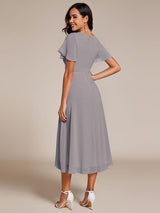 ever LARK|Ruffles Sleeve Pleated V-Neck A-Line Midi Chiffon Wedding Guest Dress
