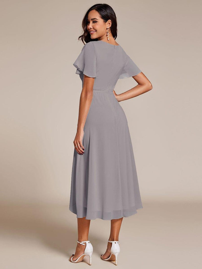 ever LARK|Ruffles Sleeve Pleated V-Neck A-Line Midi Chiffon Wedding Guest Dress