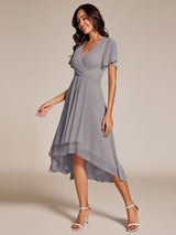 ever LARK|Ruffles Sleeve Pleated V-Neck A-Line Midi Chiffon Wedding Guest Dress