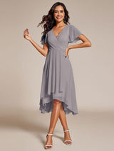ever LARK|Ruffles Sleeve Pleated V-Neck A-Line Midi Chiffon Wedding Guest Dress
