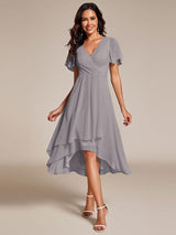ever LARK|Ruffles Sleeve Pleated V-Neck A-Line Midi Chiffon Wedding Guest Dress