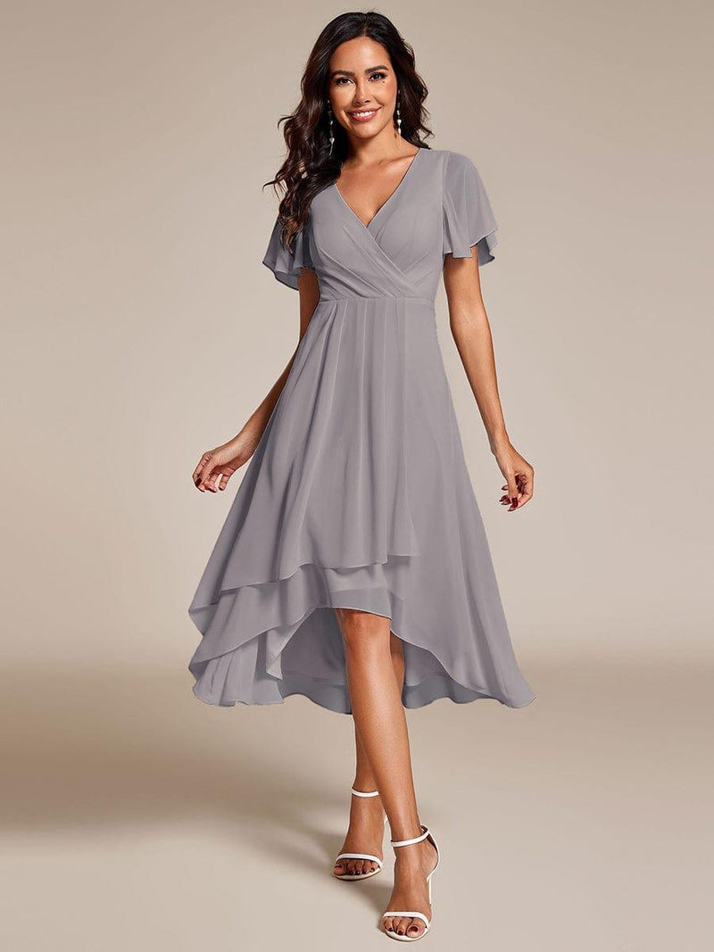 ever LARK|Ruffles Sleeve Pleated V-Neck A-Line Midi Chiffon Wedding Guest Dress