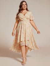 ever LARK|Ruffles Sleeve Pleated V-Neck A-Line Midi Chiffon Wedding Guest Dress