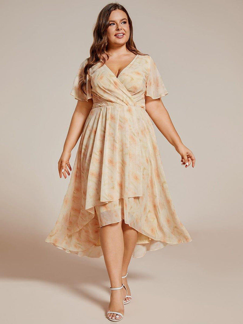 ever LARK|Ruffles Sleeve Pleated V-Neck A-Line Midi Chiffon Wedding Guest Dress