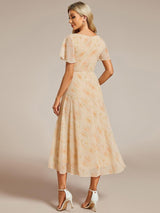 ever LARK|Ruffles Sleeve Pleated V-Neck A-Line Midi Chiffon Wedding Guest Dress