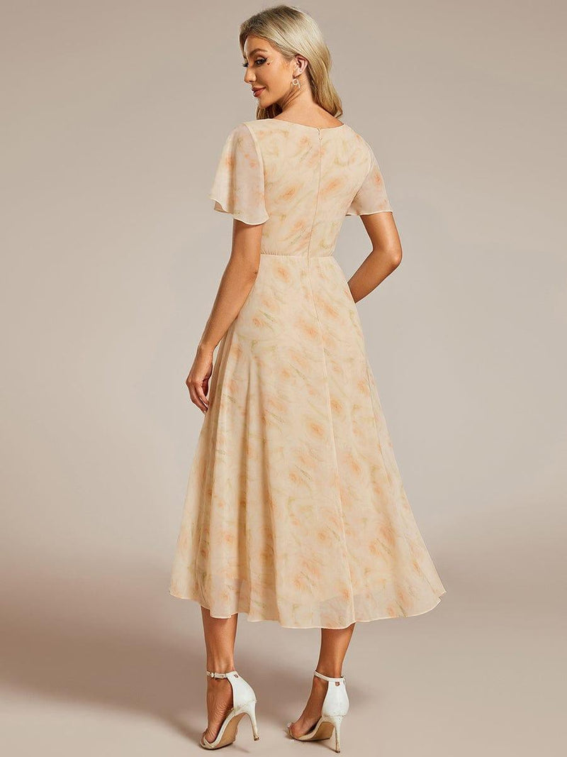 ever LARK|Ruffles Sleeve Pleated V-Neck A-Line Midi Chiffon Wedding Guest Dress