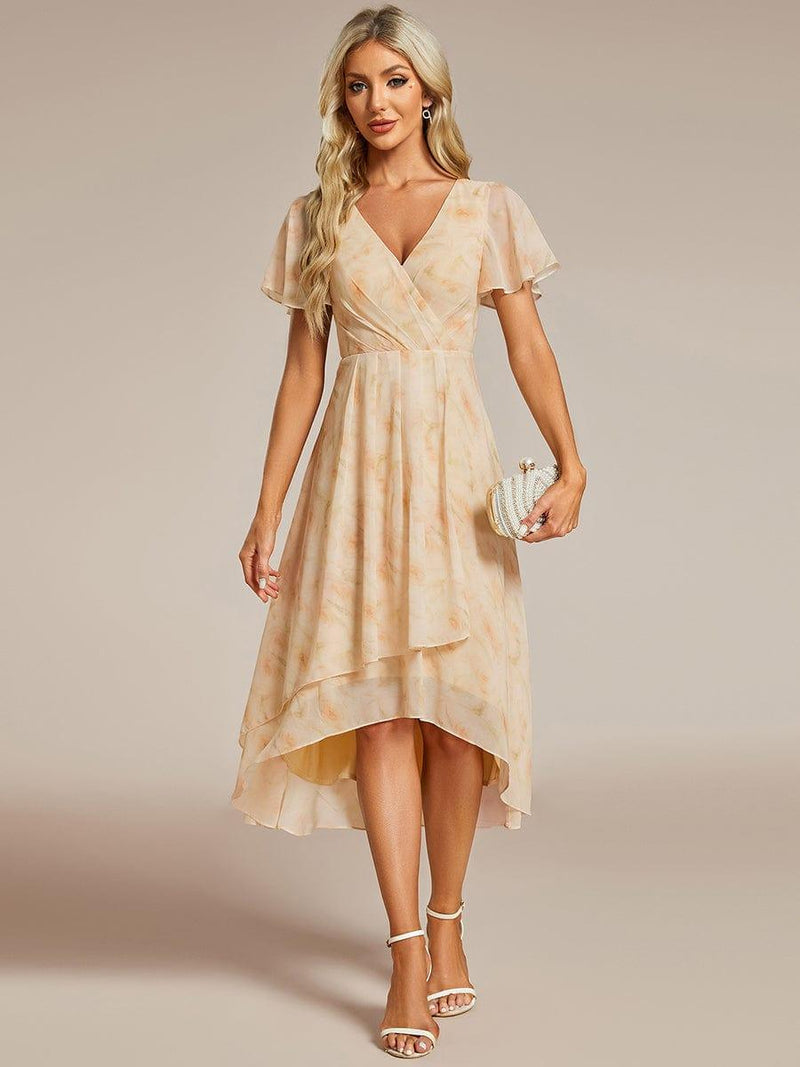 ever LARK|Ruffles Sleeve Pleated V-Neck A-Line Midi Chiffon Wedding Guest Dress