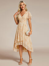 ever LARK|Ruffles Sleeve Pleated V-Neck A-Line Midi Chiffon Wedding Guest Dress
