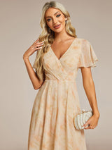 ever LARK|Ruffles Sleeve Pleated V-Neck A-Line Midi Chiffon Wedding Guest Dress