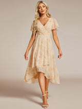 ever LARK|Ruffles Sleeve Pleated V-Neck A-Line Midi Chiffon Wedding Guest Dress