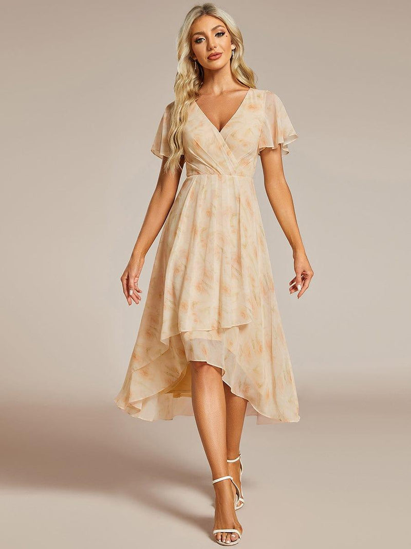 ever LARK|Ruffles Sleeve Pleated V-Neck A-Line Midi Chiffon Wedding Guest Dress