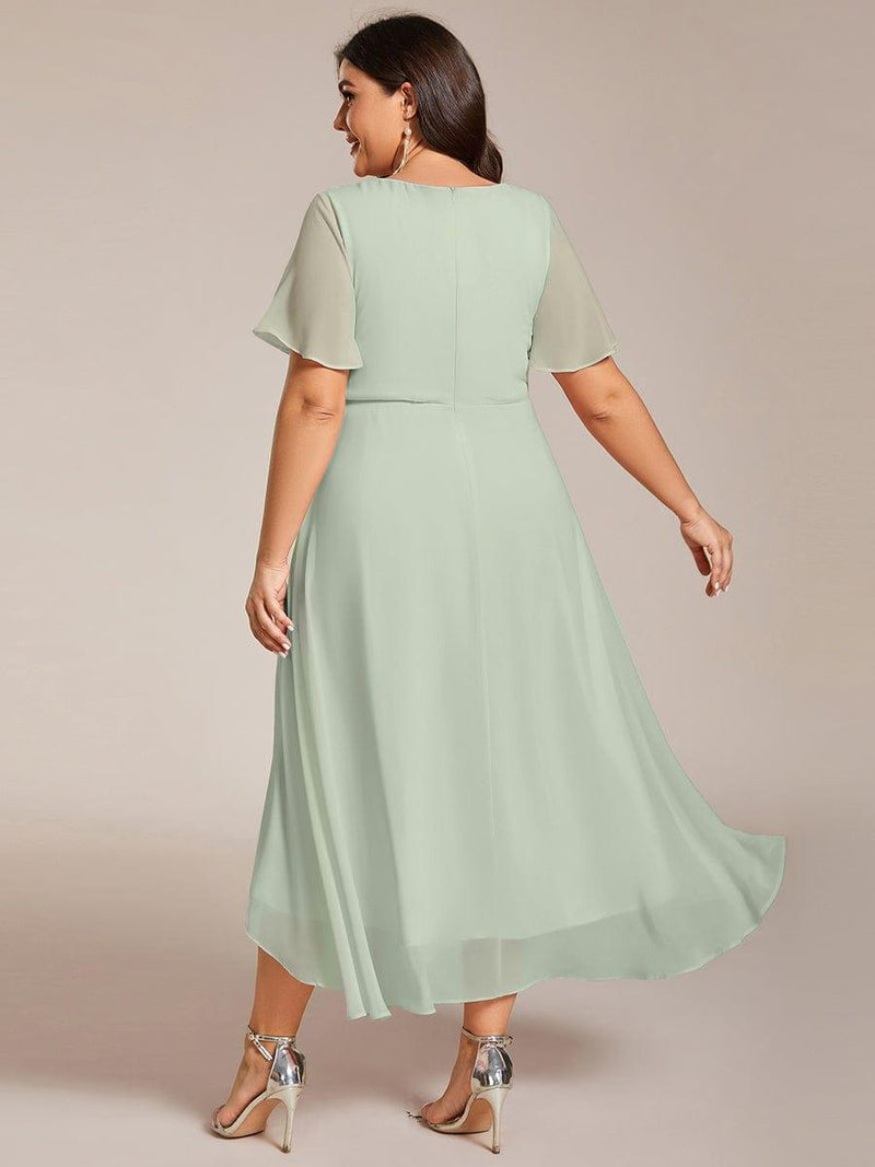 ever LARK|Ruffles Sleeve Pleated V-Neck A-Line Midi Chiffon Wedding Guest Dress