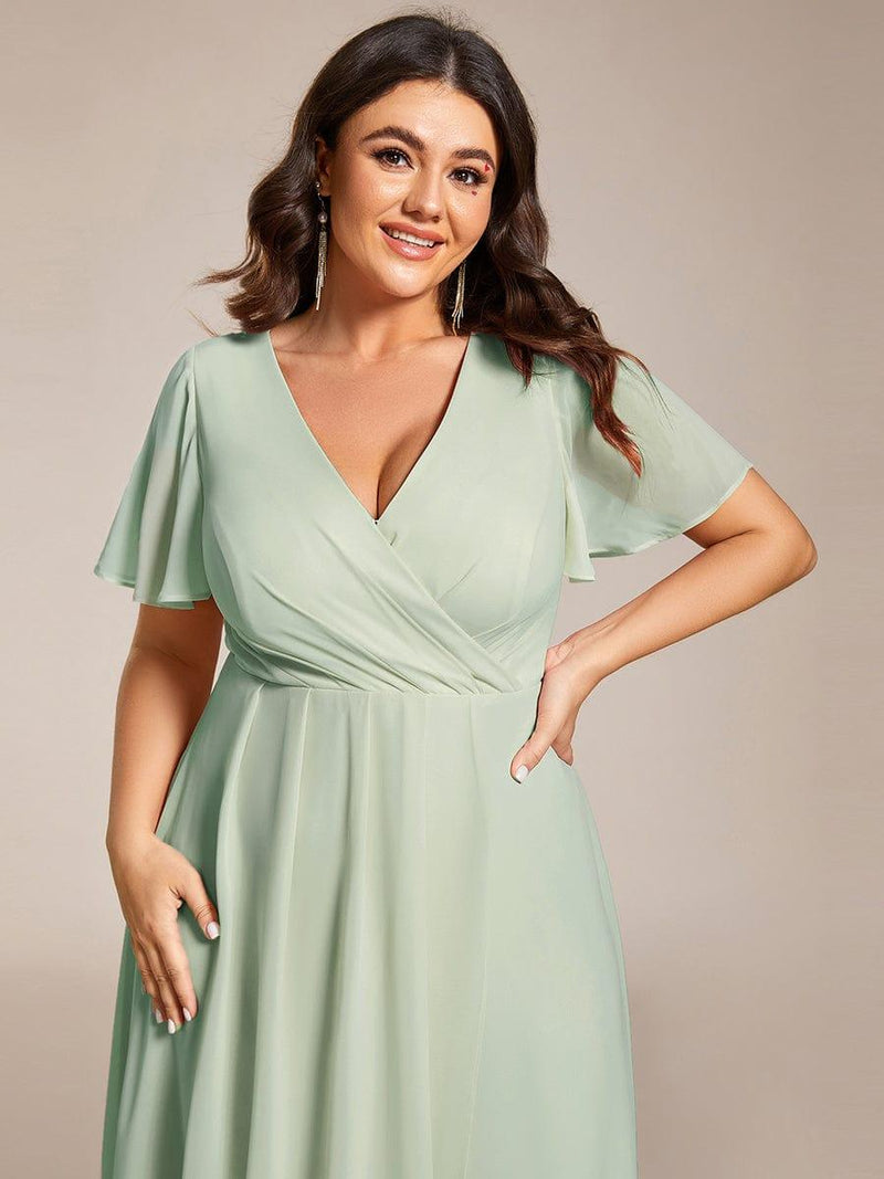 ever LARK|Ruffles Sleeve Pleated V-Neck A-Line Midi Chiffon Wedding Guest Dress