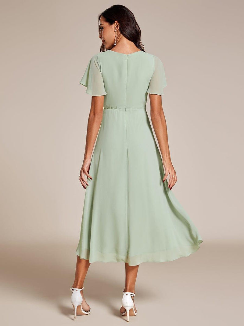 ever LARK|Ruffles Sleeve Pleated V-Neck A-Line Midi Chiffon Wedding Guest Dress