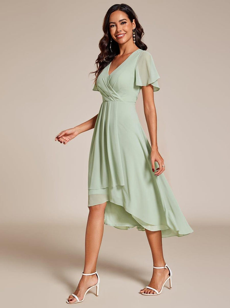ever LARK|Ruffles Sleeve Pleated V-Neck A-Line Midi Chiffon Wedding Guest Dress