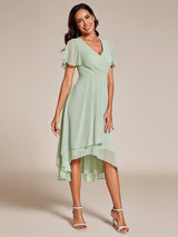 ever LARK|Ruffles Sleeve Pleated V-Neck A-Line Midi Chiffon Wedding Guest Dress