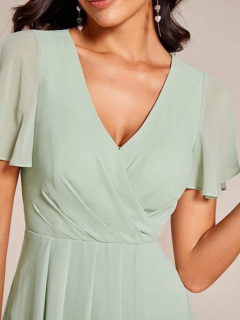ever LARK|Ruffles Sleeve Pleated V-Neck A-Line Midi Chiffon Wedding Guest Dress
