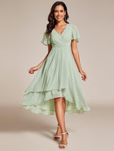 ever LARK|Ruffles Sleeve Pleated V-Neck A-Line Midi Chiffon Wedding Guest Dress