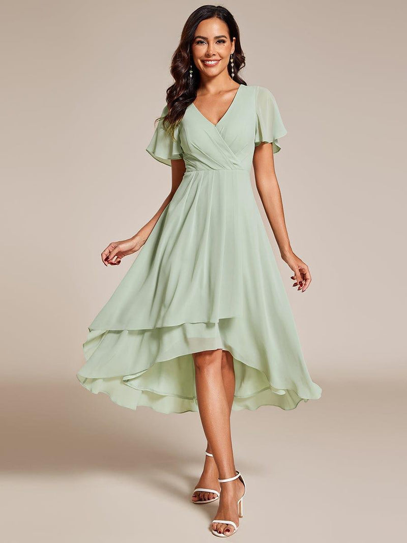 ever LARK|Ruffles Sleeve Pleated V-Neck A-Line Midi Chiffon Wedding Guest Dress