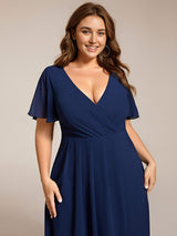 ever LARK|Ruffles Sleeve Pleated V-Neck A-Line Midi Chiffon Wedding Guest Dress