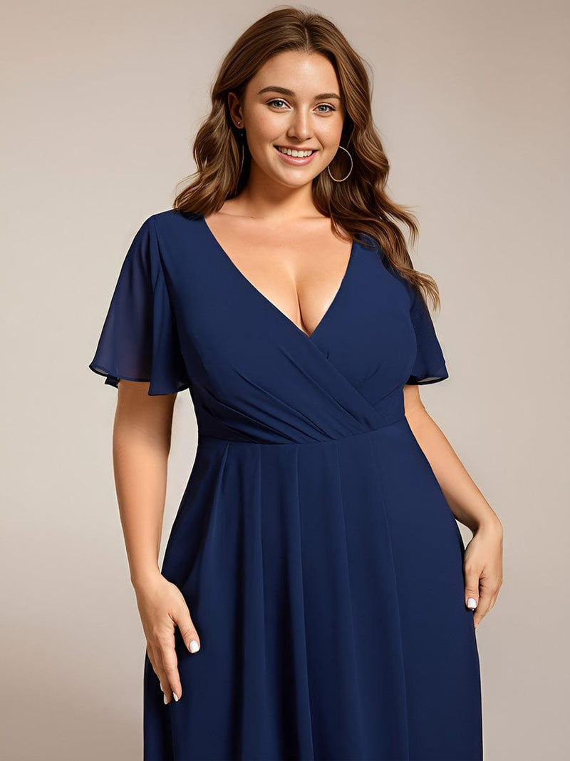 ever LARK|Ruffles Sleeve Pleated V-Neck A-Line Midi Chiffon Wedding Guest Dress