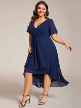 pretty LARK|Plus Size Chiffon Short Sleeves Pleated V-Neck A-Line Midi Wedding Guest Dress