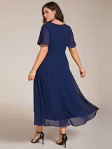 ever LARK|Ruffles Sleeve Pleated V-Neck A-Line Midi Chiffon Wedding Guest Dress