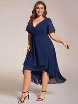 ever LARK|Ruffles Sleeve Pleated V-Neck A-Line Midi Chiffon Wedding Guest Dress