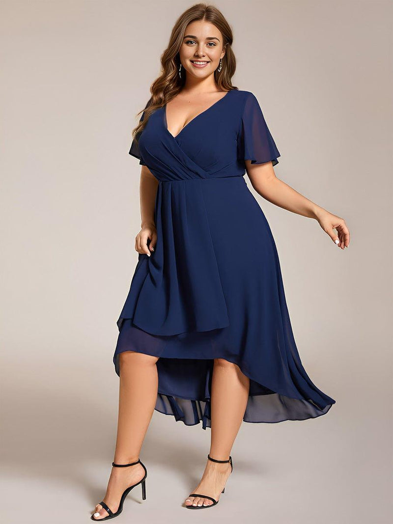 ever LARK|Ruffles Sleeve Pleated V-Neck A-Line Midi Chiffon Wedding Guest Dress