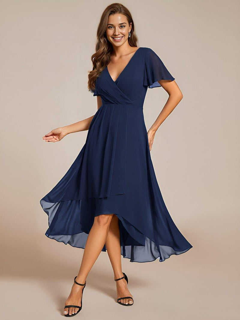 ever LARK|Ruffles Sleeve Pleated V-Neck A-Line Midi Chiffon Wedding Guest Dress