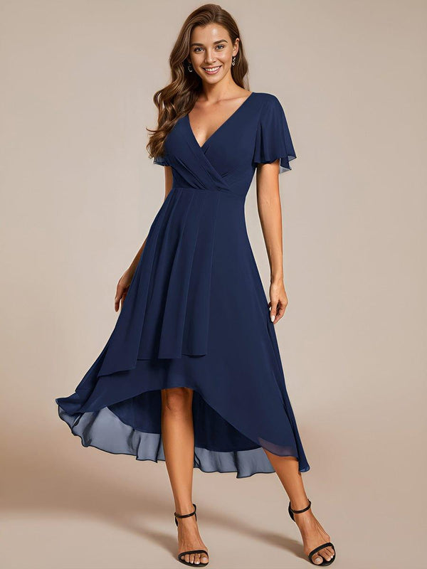 ever LARK|Ruffles Sleeve Pleated V-Neck A-Line Midi Chiffon Wedding Guest Dress