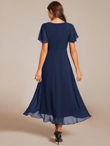 ever LARK|Ruffles Sleeve Pleated V-Neck A-Line Midi Chiffon Wedding Guest Dress