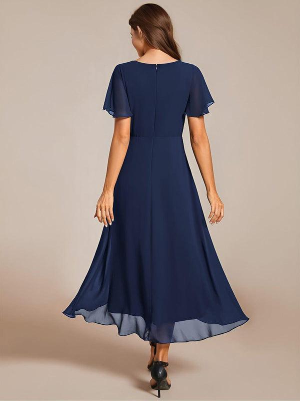 ever LARK|Ruffles Sleeve Pleated V-Neck A-Line Midi Chiffon Wedding Guest Dress