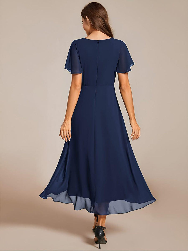 ever LARK|Ruffles Sleeve Pleated V-Neck A-Line Midi Chiffon Wedding Guest Dress