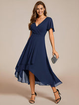 ever LARK|Ruffles Sleeve Pleated V-Neck A-Line Midi Chiffon Wedding Guest Dress