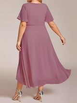 ever LARK|Ruffles Sleeve Pleated V-Neck A-Line Midi Chiffon Wedding Guest Dress