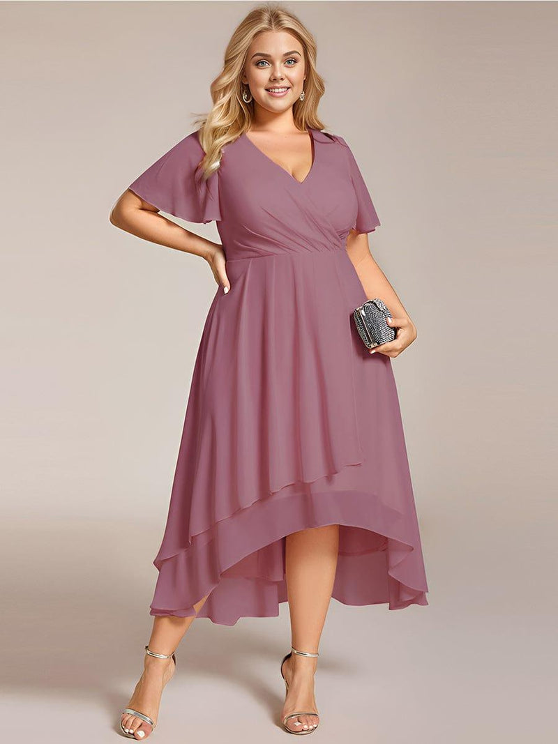 ever LARK|Ruffles Sleeve Pleated V-Neck A-Line Midi Chiffon Wedding Guest Dress
