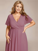 ever LARK|Ruffles Sleeve Pleated V-Neck A-Line Midi Chiffon Wedding Guest Dress