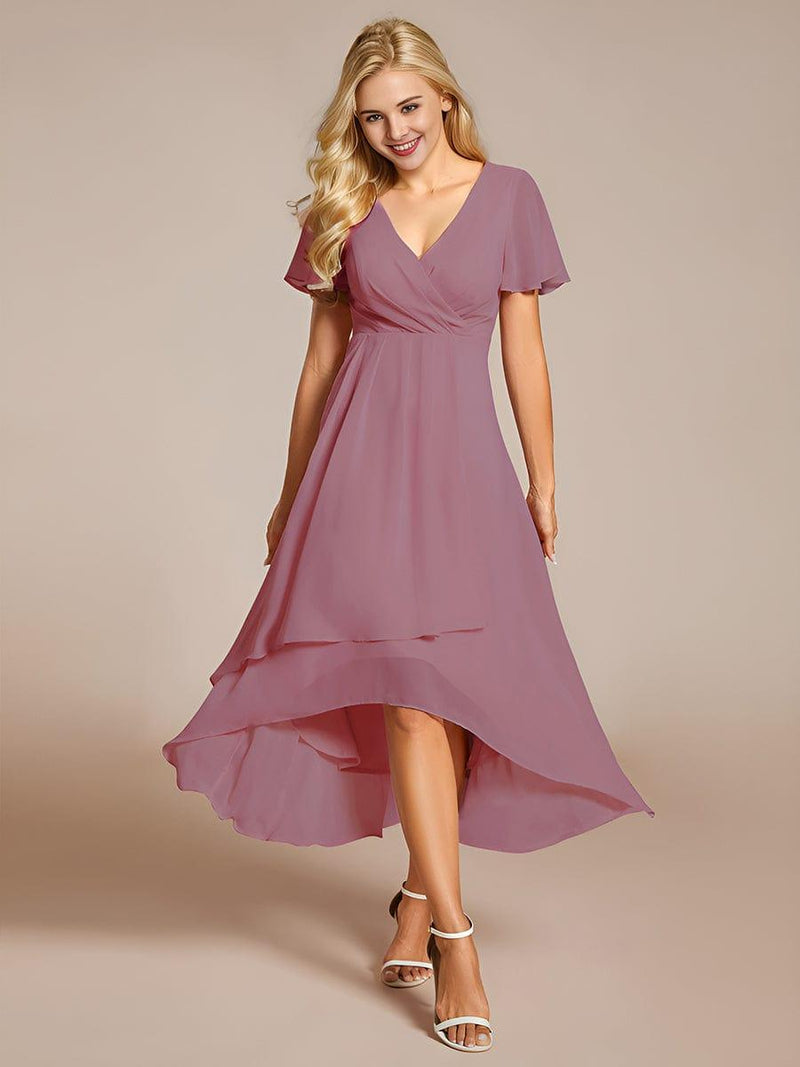 ever LARK|Ruffles Sleeve Pleated V-Neck A-Line Midi Chiffon Wedding Guest Dress