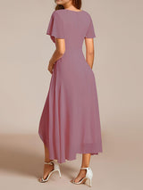 ever LARK|Ruffles Sleeve Pleated V-Neck A-Line Midi Chiffon Wedding Guest Dress
