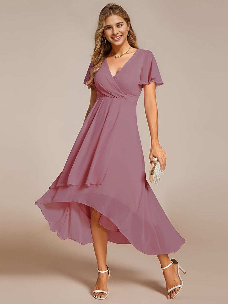 ever LARK|Ruffles Sleeve Pleated V-Neck A-Line Midi Chiffon Wedding Guest Dress