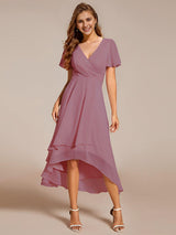 ever LARK|Ruffles Sleeve Pleated V-Neck A-Line Midi Chiffon Wedding Guest Dress